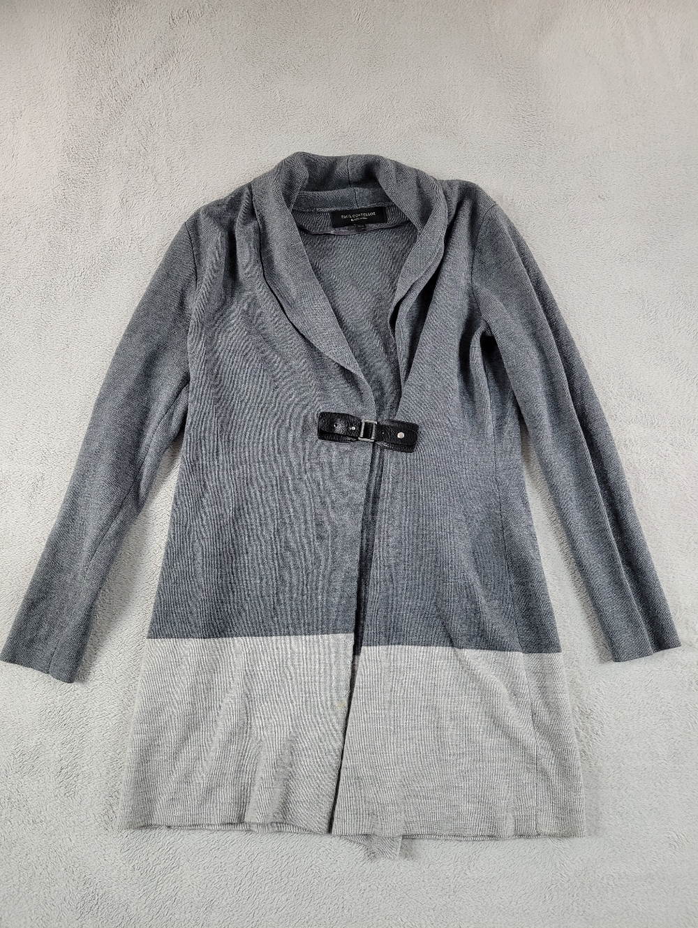 Paul Costelloe Gray Colorblock Wool Blend Knit Jacket Cardigan Buckle Front